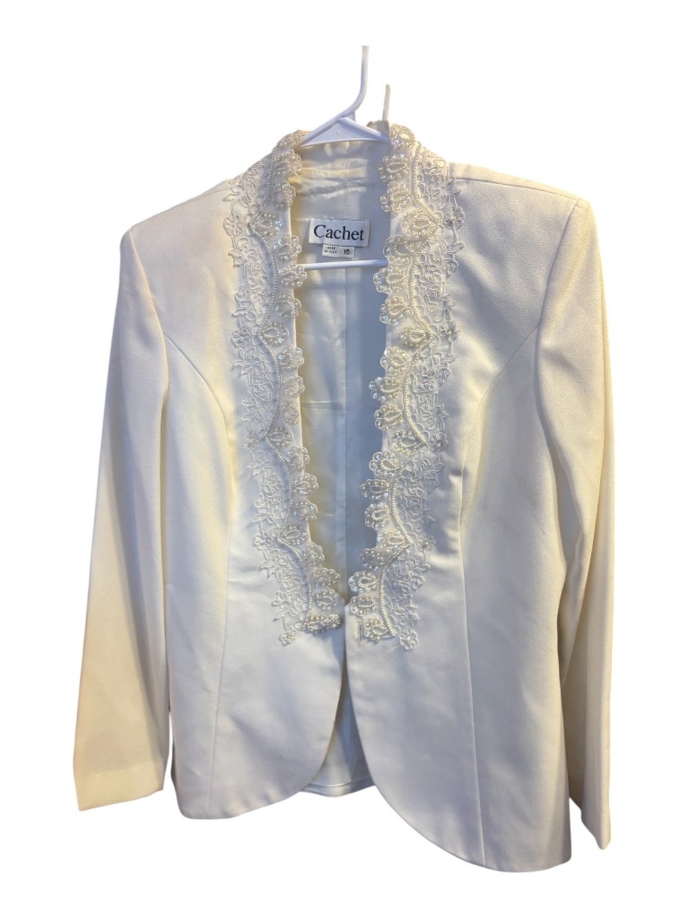 Cachet Ivory Lace & Pearl Trim Open Front Blazer